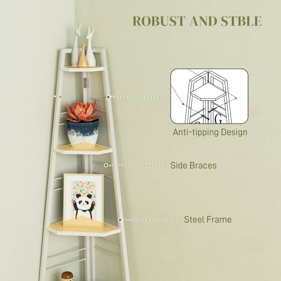 image 1 of HOMCOM 5-Tier Corner Shelf, Shelving Unit with Adjustable Feet, White White
