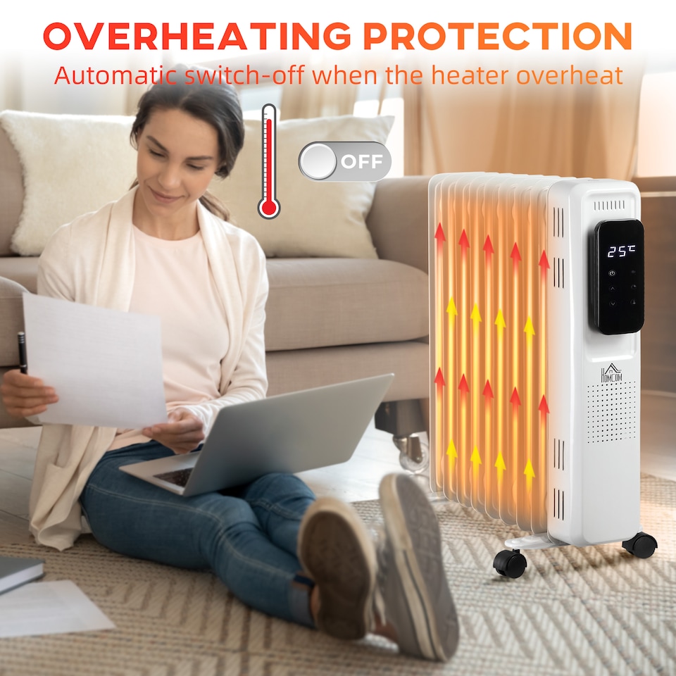 image 1 of HOMCOM 2000W Oil Filled Radiator, 9 Fin Portable Electric Heater with LED Display, 24H Timer, 3 Heat Settings, Adjustable Thermostat, Safety Cut off, Remote Control, White