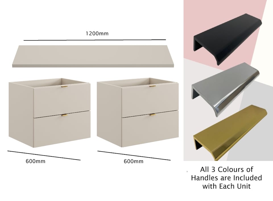 image 1 of Double Vanity Unit 1200mm Bathroom Wall Cabinet Countertop Floating 4 Drawer Cashmere Beige Storage with Worktop Dalia