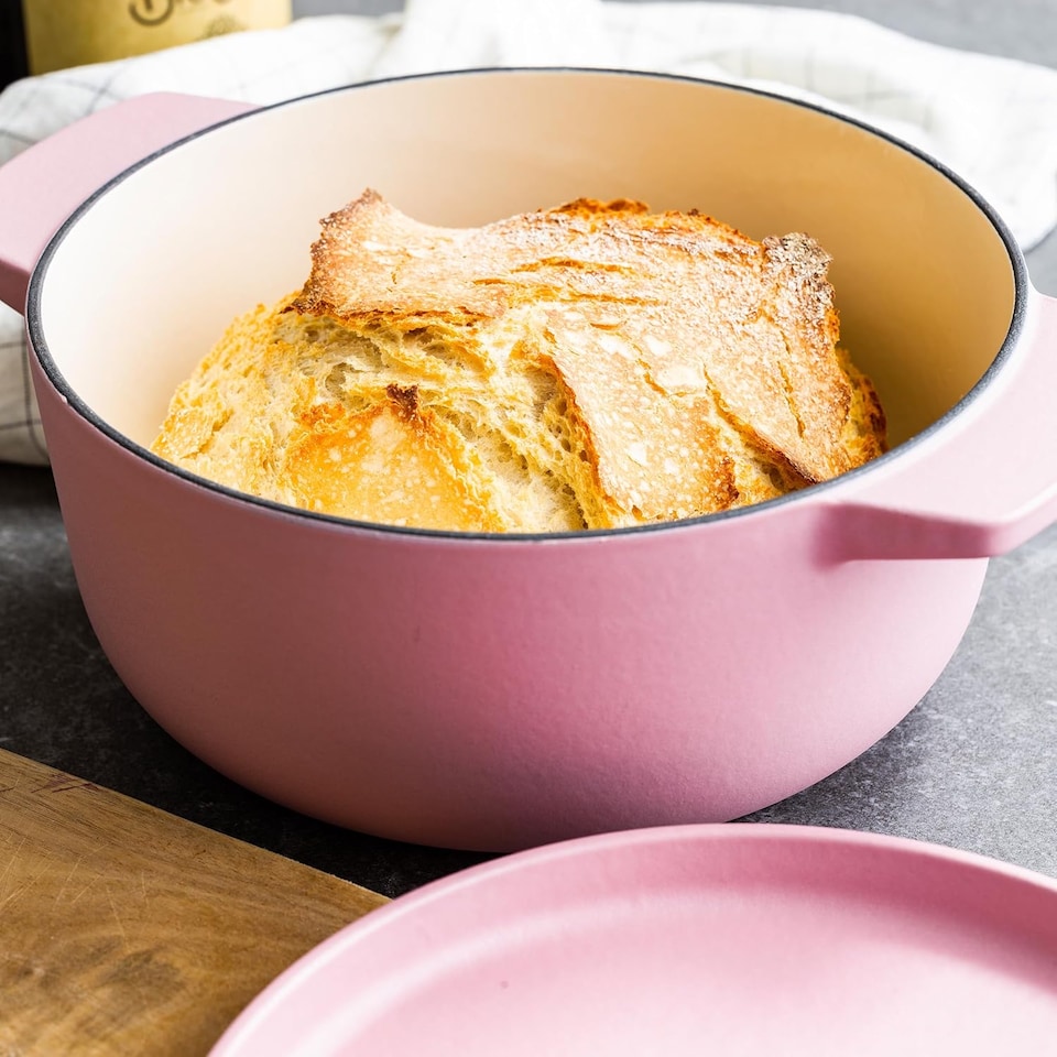 image 1 of KitchenAid Cast Iron Casserole Dish, Non-Stick 26cm, 5.2L Cooking Pot with Lid, Dried Rose