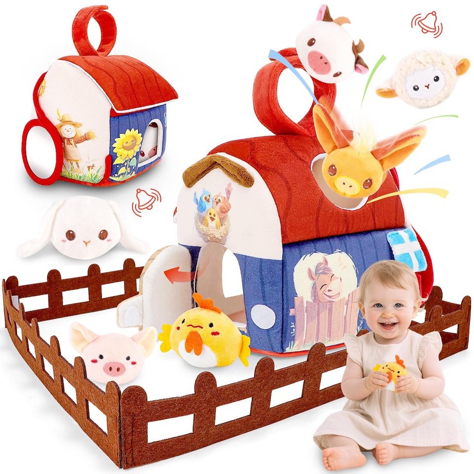 image 1 of Plush Barn with Stuffed Farm Animals, Rattle, Crinkle Paper & Baby Mirror