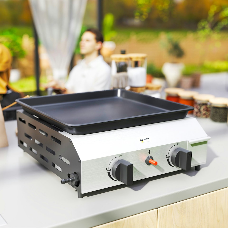 image 1 of Outsunny Gas Grill, Gas BBQ with Non-Stick Griddle for Camping, Silver Tone