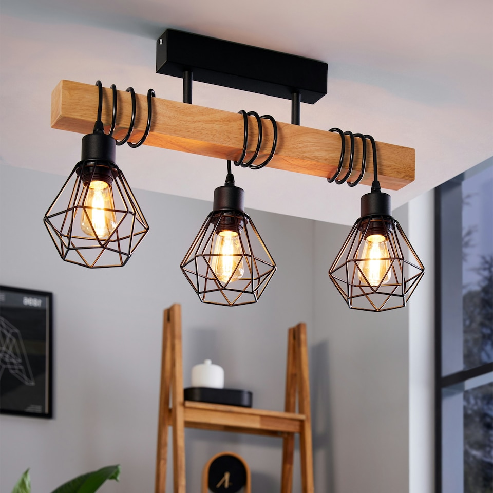 image 1 of EGLO Townshend 5 Black/Natural Wood 3-Light Ceiling Pendant, Semi-Flush Industrial Style