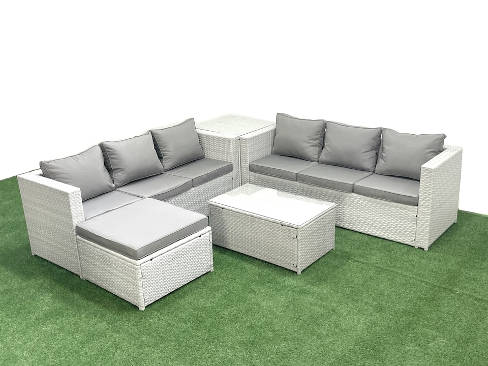image 1 of Fimous Garden Outdoor PE Rattan Furniture Set 7 Seater Rattan Garden Sofa Set with Big Footstool Side Table Light Grey Mixed