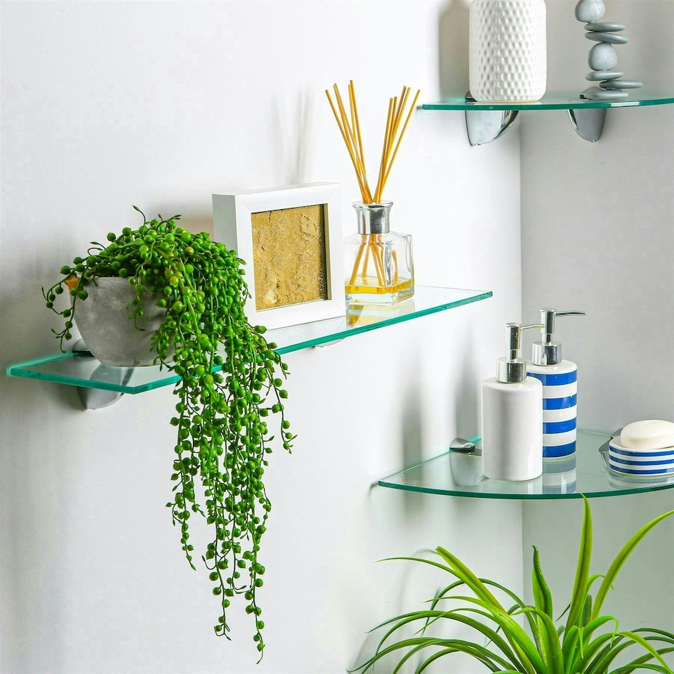 image 1 of Harbour Housewares 60cm Floating Glass Bathroom Shelf - Clear - Chrome Brackets Silver