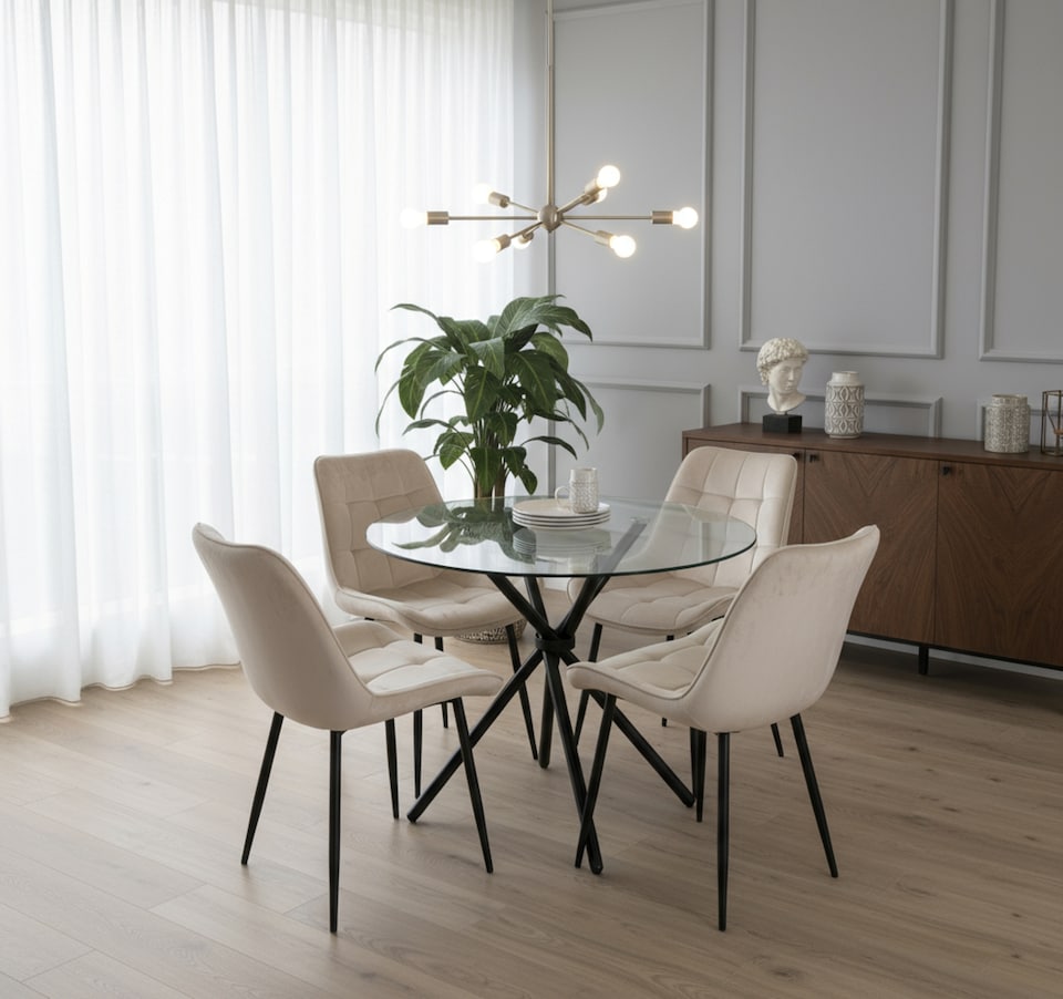 image 1 of New York Dining Table with 4 Erica Velvet Chairs - Cream | Cream