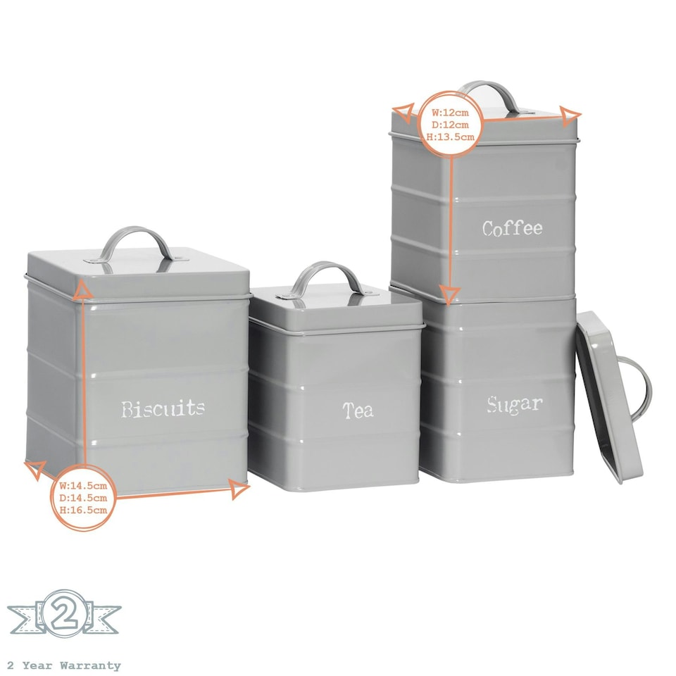 image 1 of Harbour Housewares 4 Piece Grey Vintage Metal Kitchen Canisters Set Utility Storage Utility Containers Storage Box Storage Container