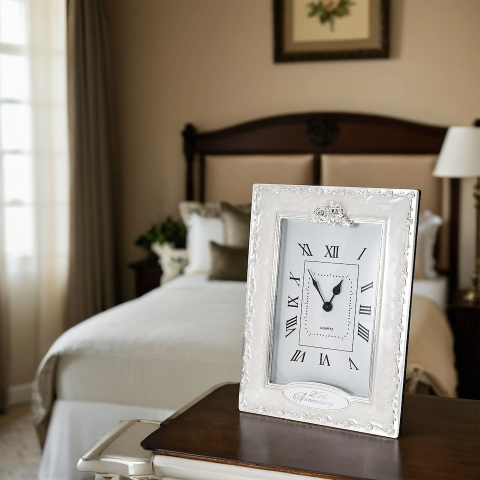 image 1 of 25th Anniversary Clock in White Epoxy with Silver Plated Roses and Diamantes