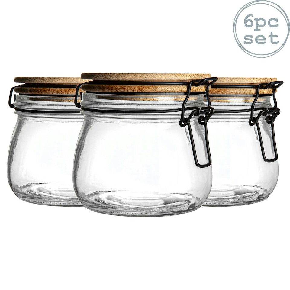 image 1 of Argon Tableware Wooden Clip Lid Storage Jars - 500ml - Black Seal - Pack of 6