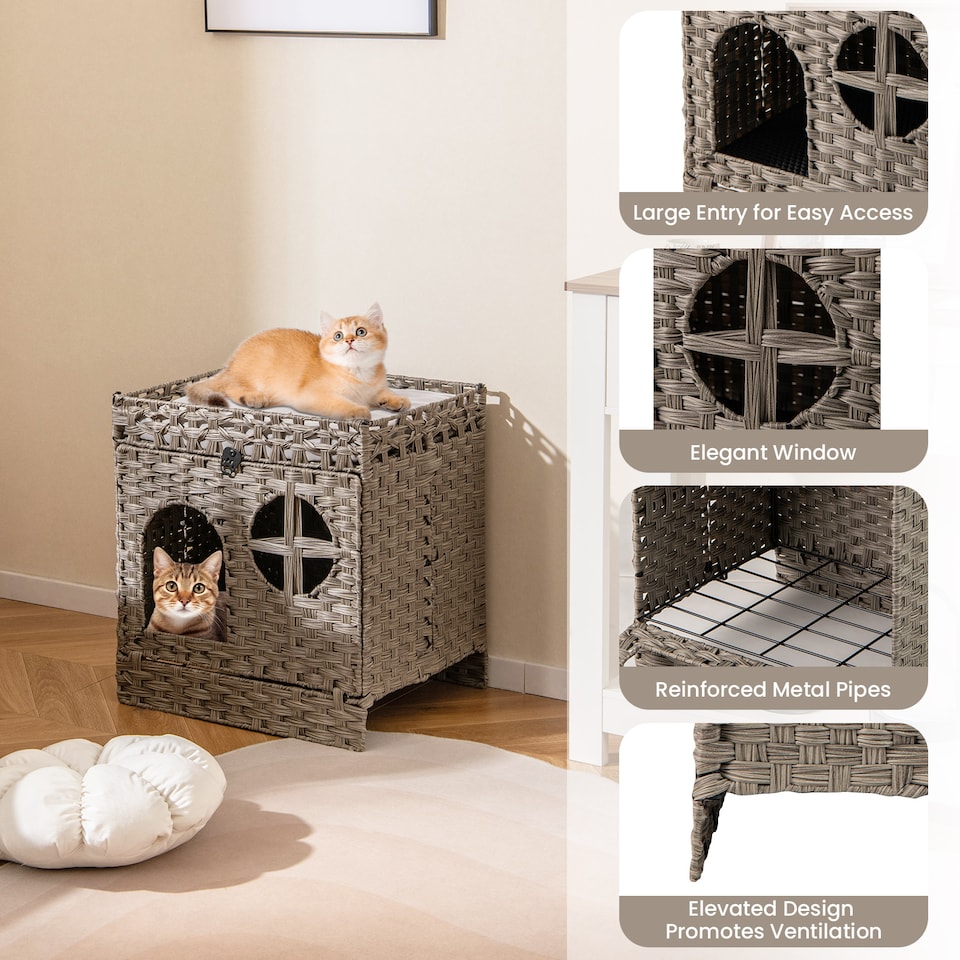 image 1 of COSTWAY Foldable 2-tier Rattan Cat Litter Box Enclosure With  Litter Mat-Gray
