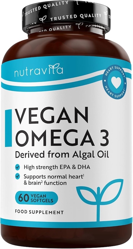 image 1 of Nutravita Vegan High Strength Omega 3 2000mg Soft Gels - Plant-Based 600mg DHA & 300mg EPA Derived from Sustainable Algal Oil - 60 Vegan Softgels