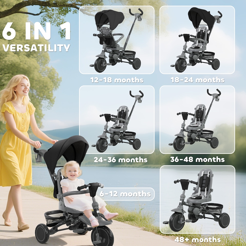 image 1 of AIYAPLAY 6 in 1 Kids Trike, Toddler Tricycle with Parent Handle, Black