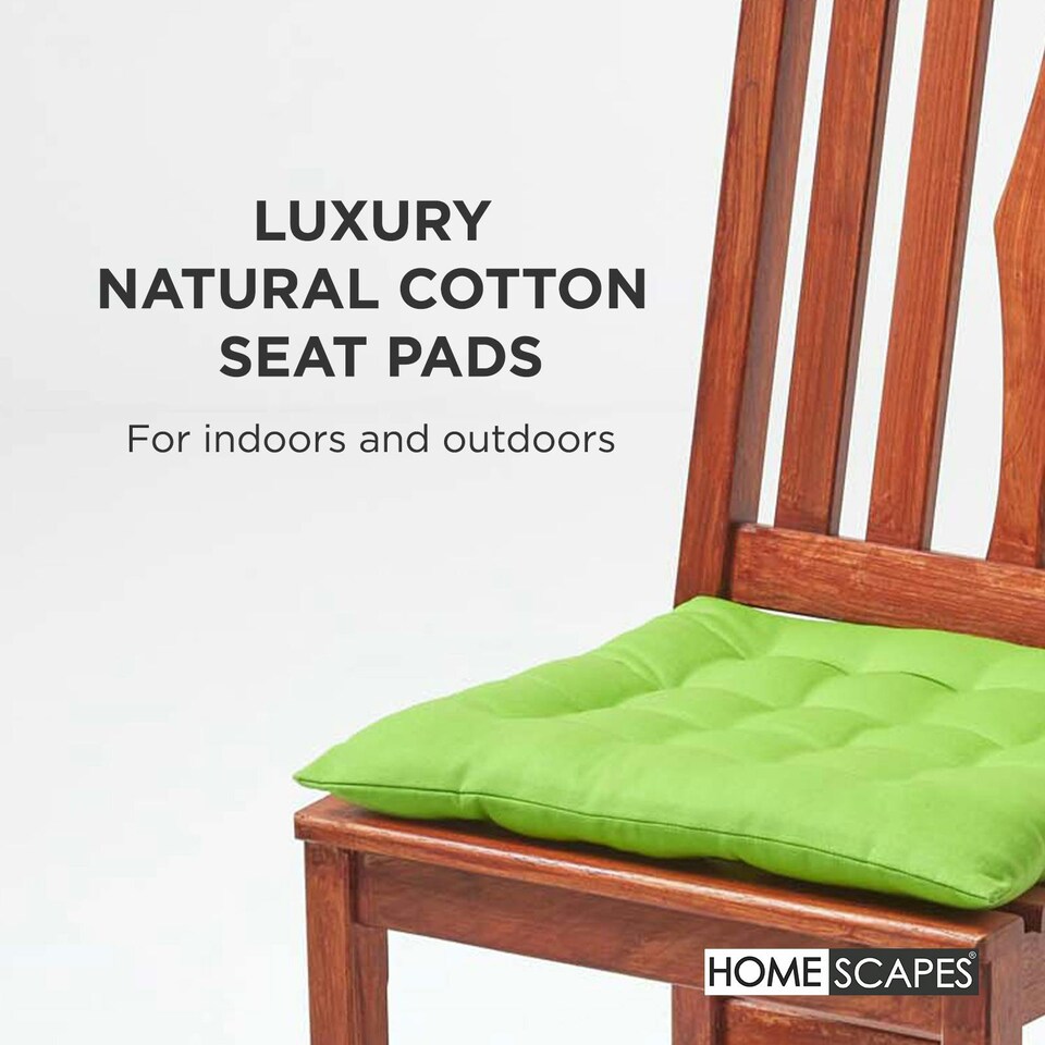 image 1 of Homescapes 4 x Seat Pads Luxury Cotton Indoor Outdoor Garden Dining Cushion Lime | Green | 40 x 40 cm | 4