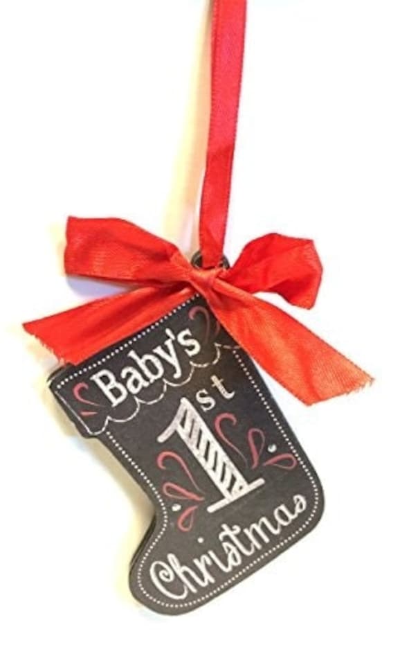 image 1 of Baby's 1st ChristmasnTree Decoration-Stocking Shape In A Chalkboard Plaque Style