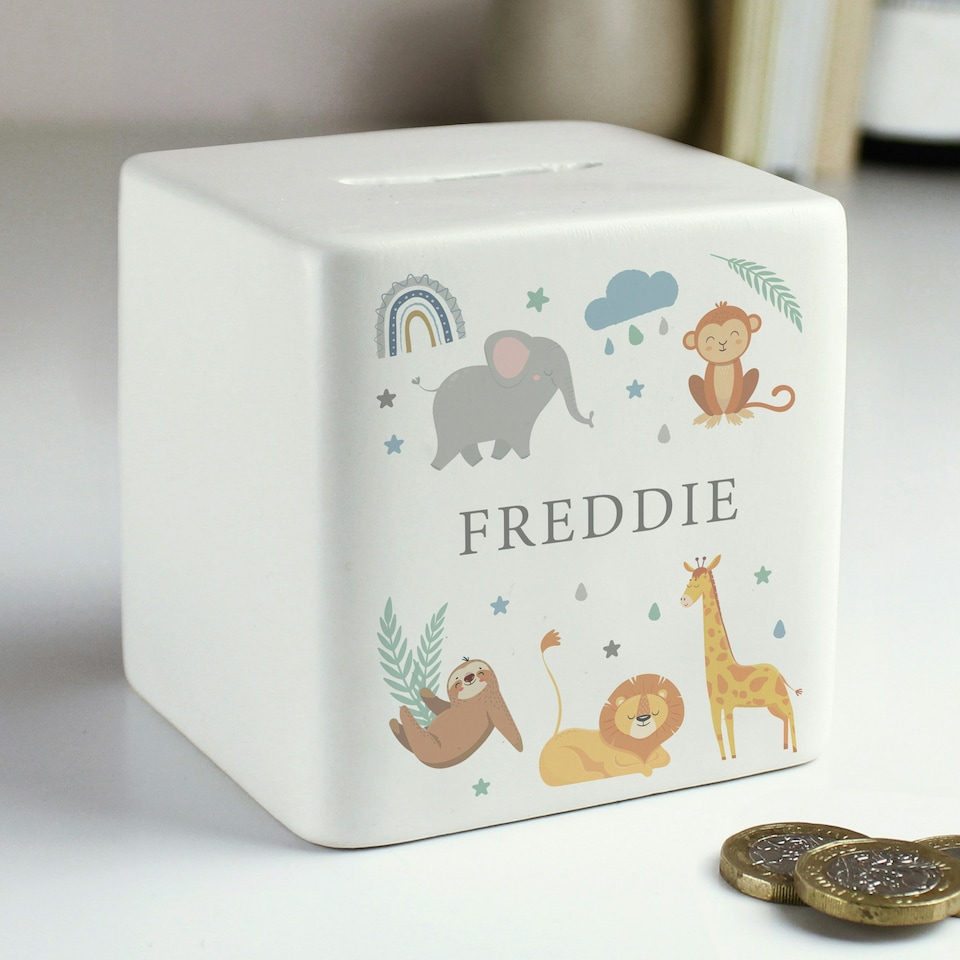 image 1 of Personalised Safari Animals Ceramic Square Money Box