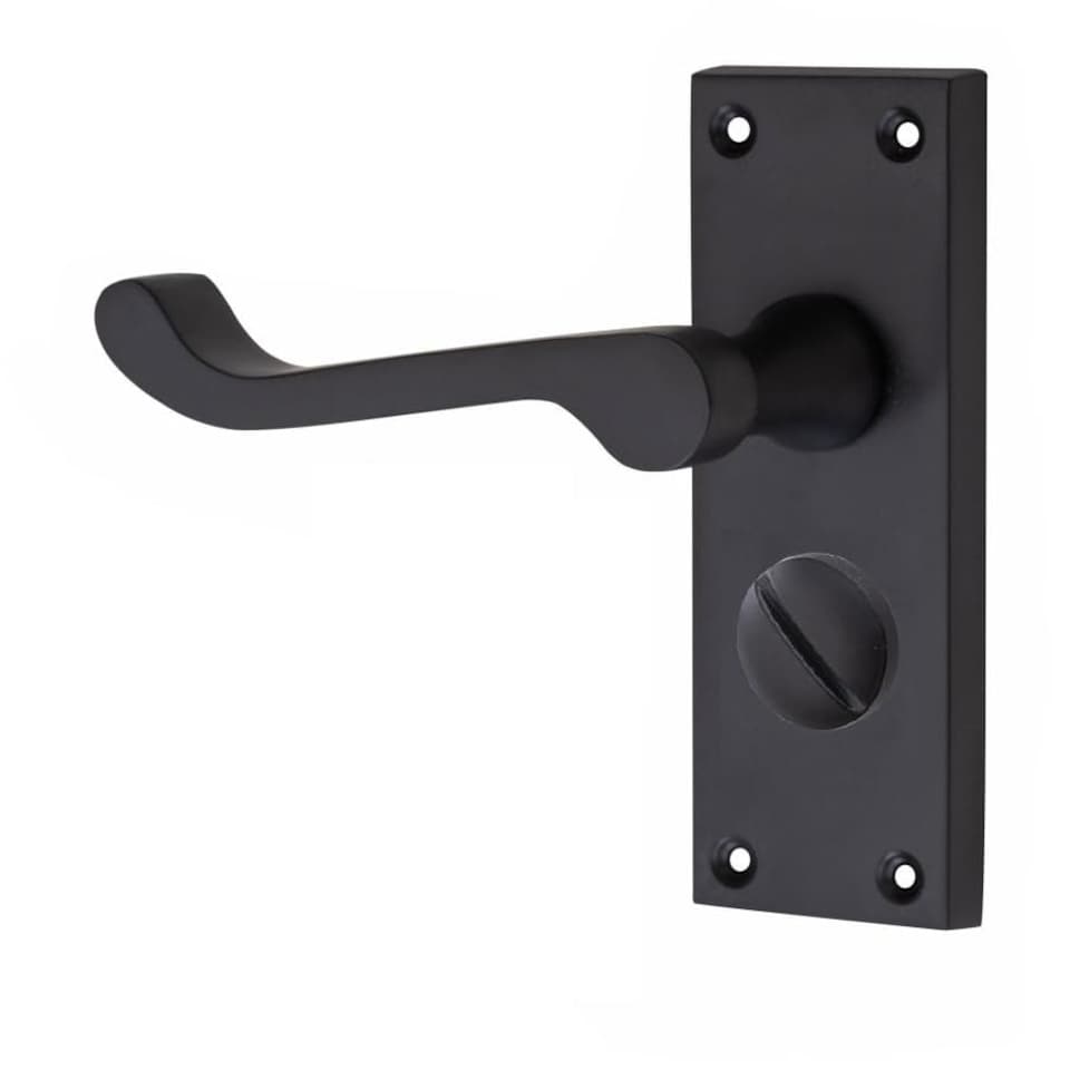 image 1 of Golden Grace Victorian Scroll Privacy Door Handle in Matt Black Finish with 3" Ball Bearing Hinges & 2.5" Tubular Latch - 120mm x 40mm Backplate Black
