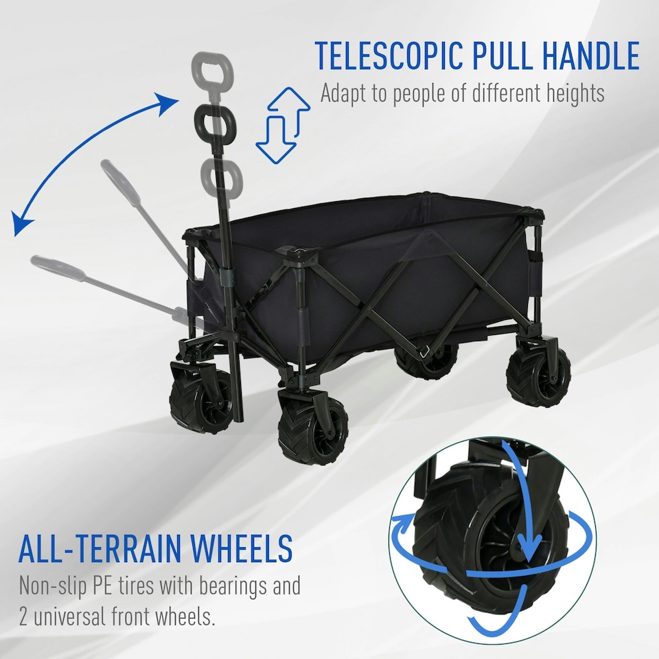 image 1 of Outsunny Outdoor Pull Along Garden Trolley on Wheels Folding Beach Cart Black