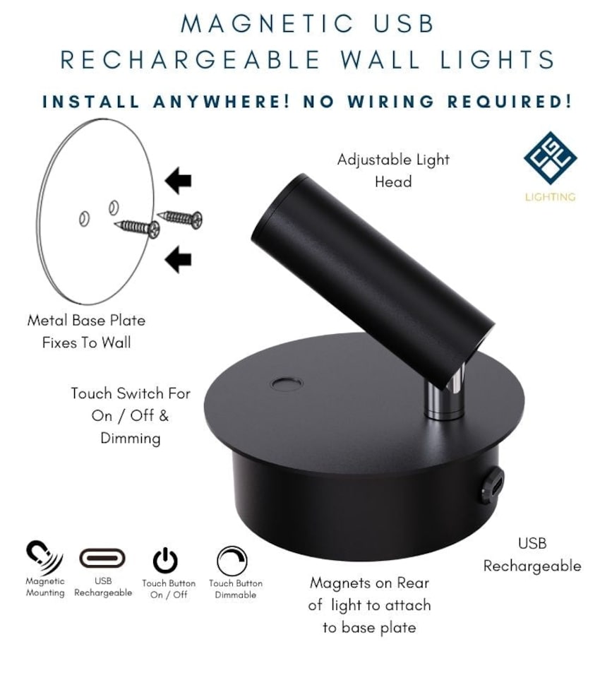 image 1 of CGC Scarlet Black Adjustable Magnetic Rechargeable LED Bedside Wall Light | Black | Black | Base plate: Diameter 9.5 cm, depth 3.5 cm; Light head: Length 7 cm, extended length forward 8 cm