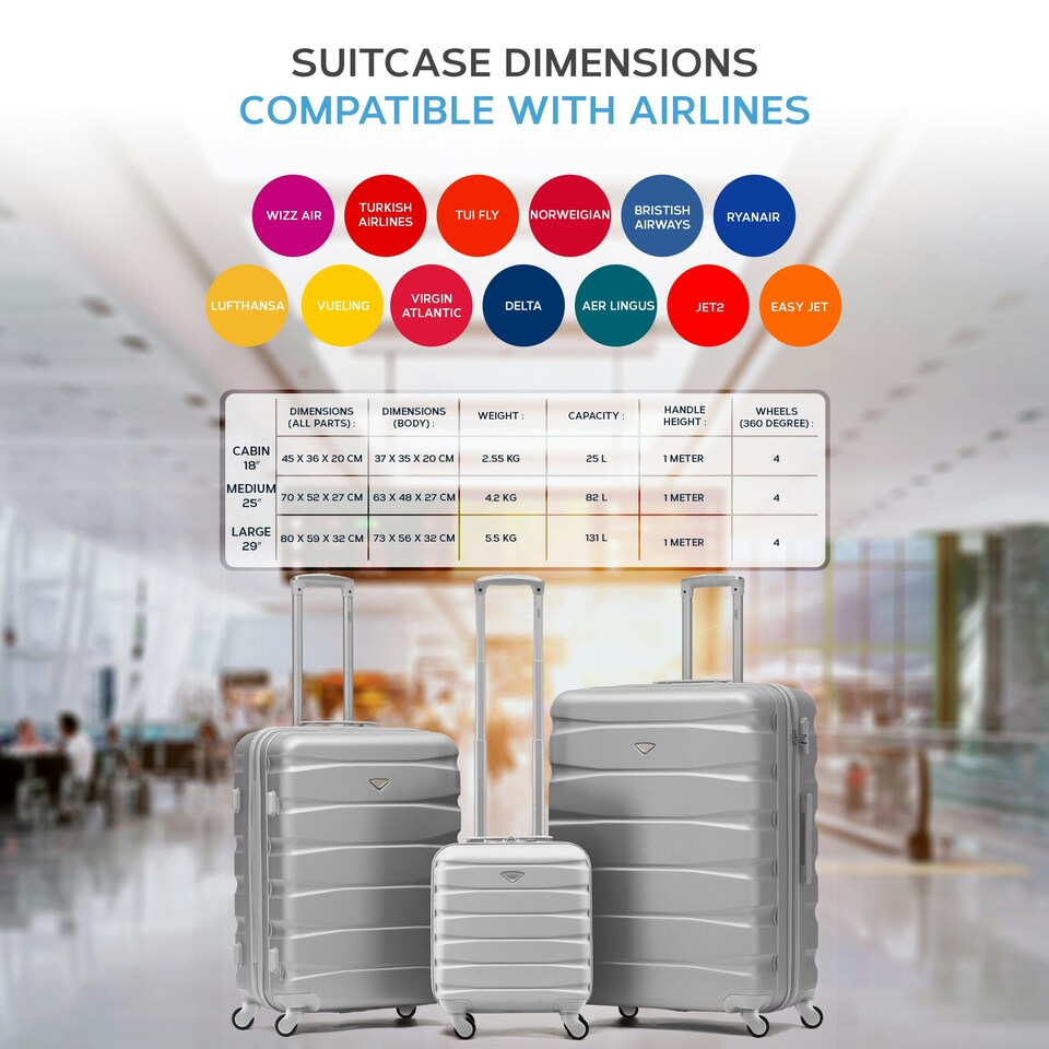 image 1 of Flight Knight Suitcase Sets 3 Piece, Large Suitcase, Extra Large Suitcase, easyJet Cabin Bag 45x36x20cm Underseat Carry On, 100+ Airlines Approved - BA, Ryanair | Silver | Silver | Large