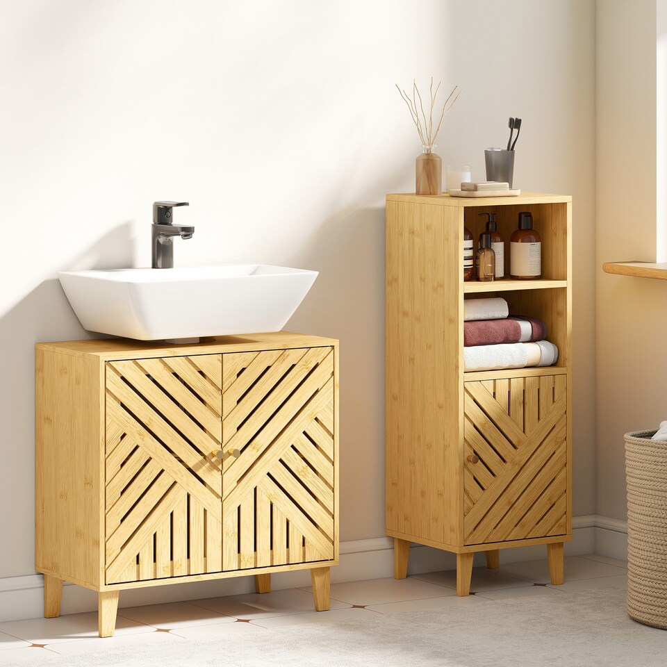 image 1 of HOMCOM Under Sink Bathroom Cabinet, Bamboo Freestanding Under Sink Cabinet with Adjustable Shelf and Slat Doors for Basin without Pedestal, Natural