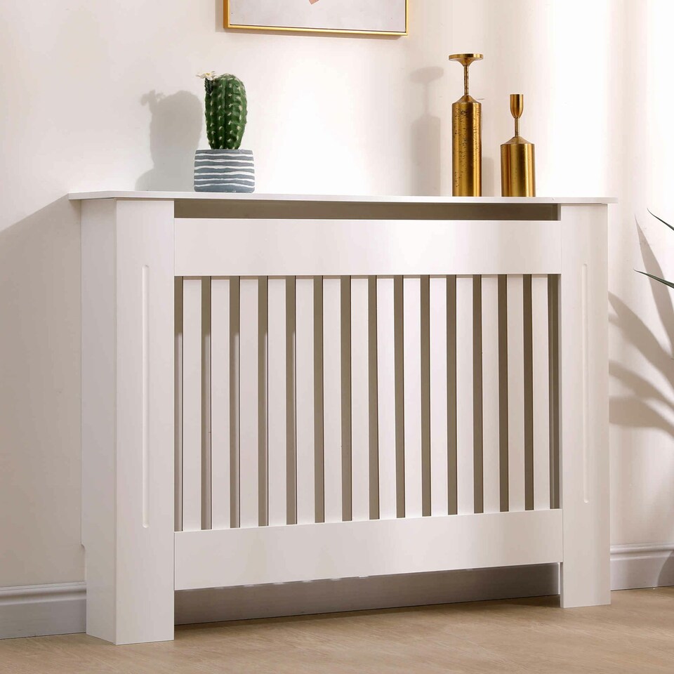 image 1 of Medium White Wooden Slatted Grill Radiator Cover MDF Cabinet