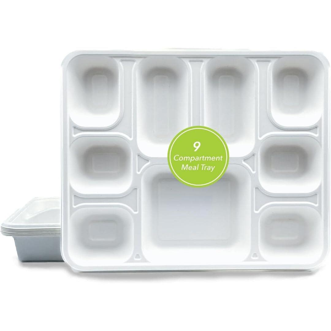 ECONX 9 Compartment Biodegradable Bagasse Plates Disposable Dinner Plates in White | Size: 100 Pieces