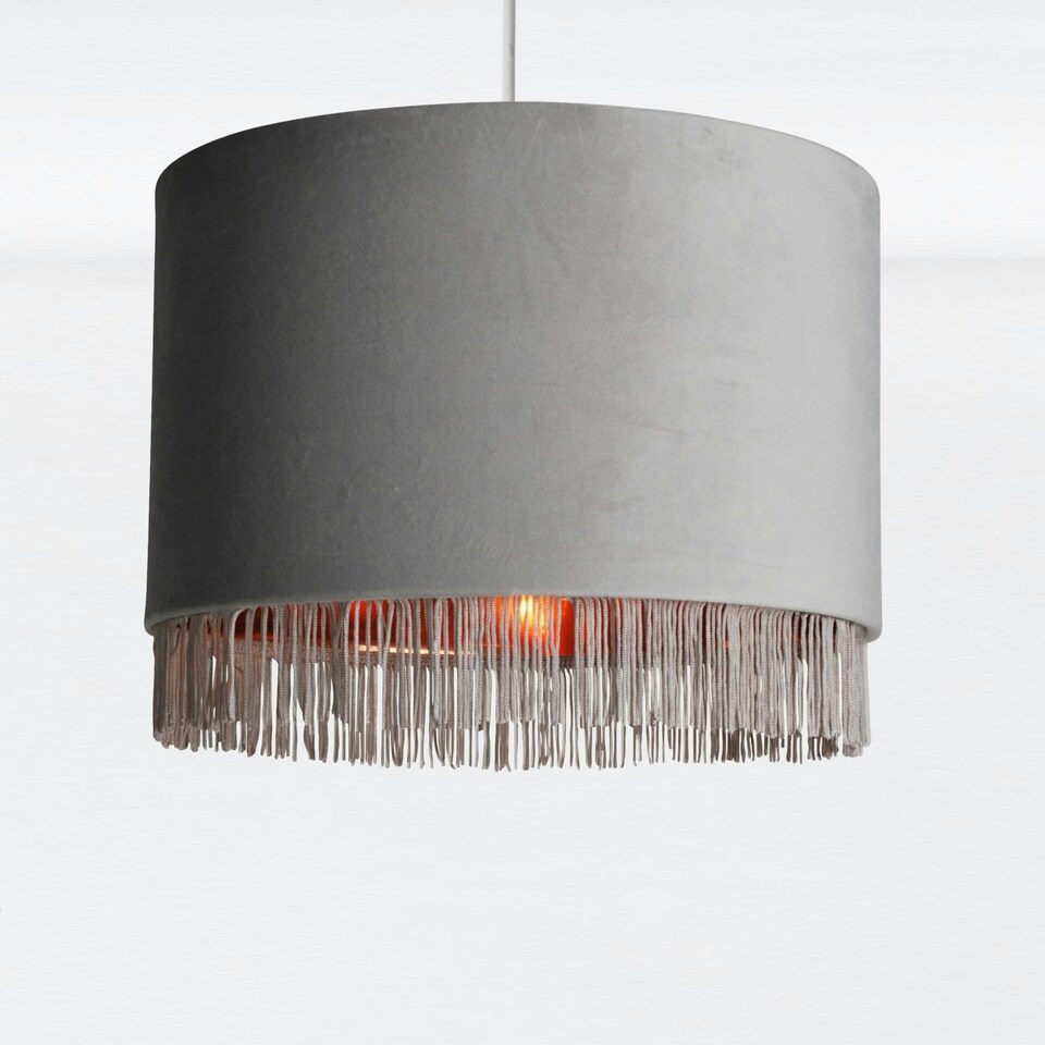image 1 of Grey Velvet With Copper Inner Tassled Light Shade Grey | Copper