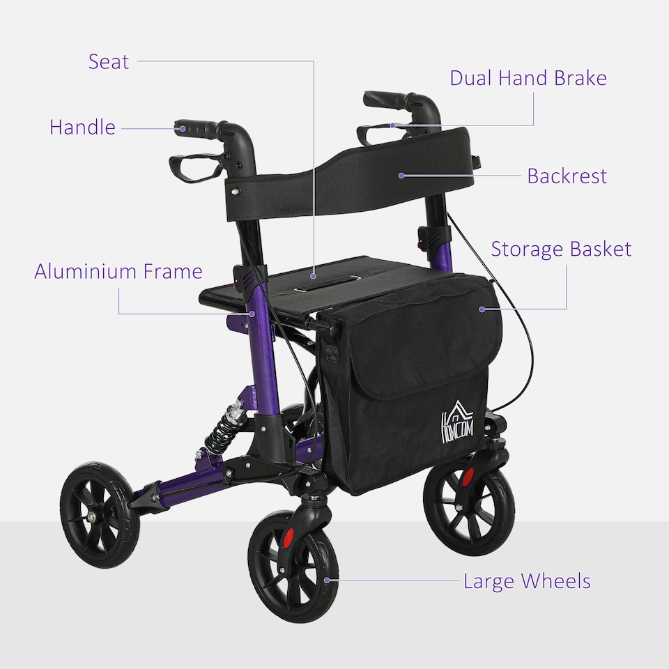 image 1 of HOMCOM Folding Rollator Walker with Seat, Backrest, Lightweight Walking Frame with Storage Bag, Dual Brakes, Adjustable Handle Height, Suspension System, 4 Wheeled Walker for Seniors, Purple