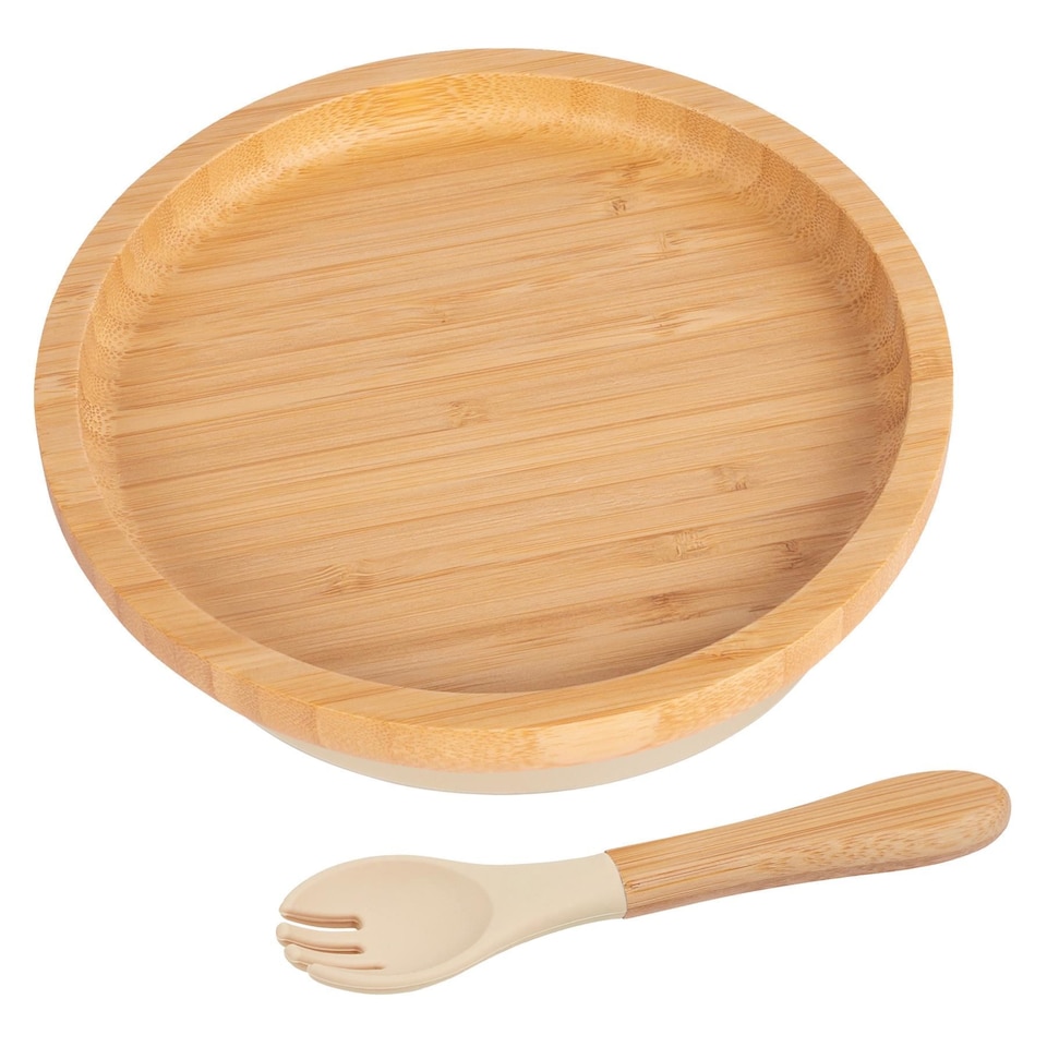 image 1 of Tiny Dining Bamboo Round Baby Weaning Plate & Fork Set - Beige