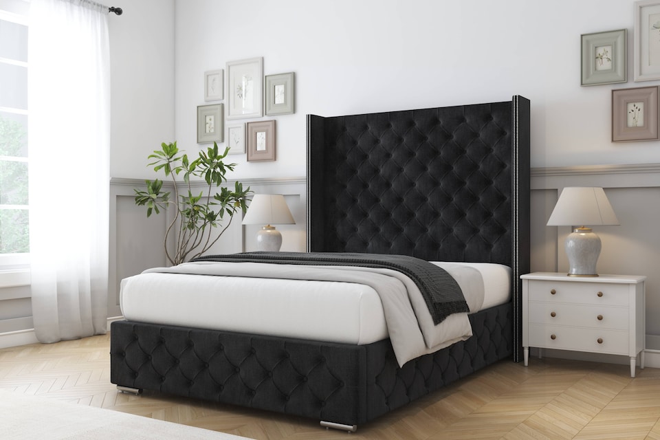 image 1 of Sloomy Arundel Black Naples Bed Frame With 50"  Upholstered Wingback Headboard 6' Super King