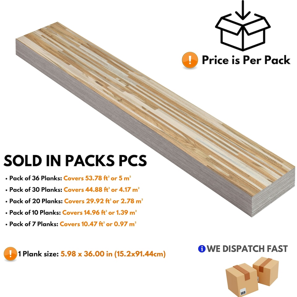 image 1 of Self Adhesive Floor Planks | 36x5.98in (91.4x15.2cm) Each | Peel & Stick Vinyl Flooring | Honeyline Grain Flow Wood Effect | DIY Waterproof Floor Tiles Brown | 4.17 sqm