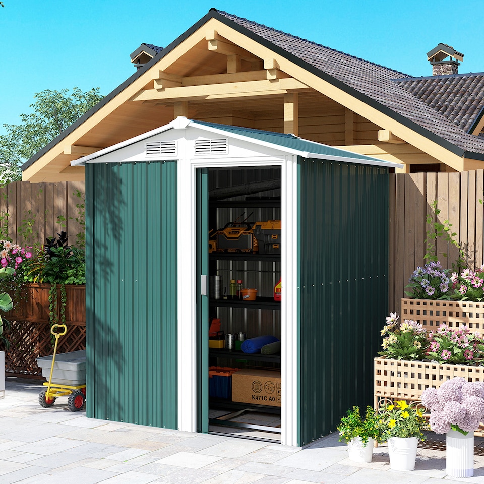 image 1 of Outsunny 5ft x 4ft Garden Shed, Metal Tool Storage Shed with Sliding Door, Sloped Roof and Foundation Kit for Garden, Patio, Green
