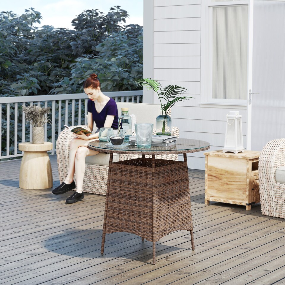 image 1 of Outsunny Patio Furniture Rattan Garden Table with Umbrella Hole, Brown