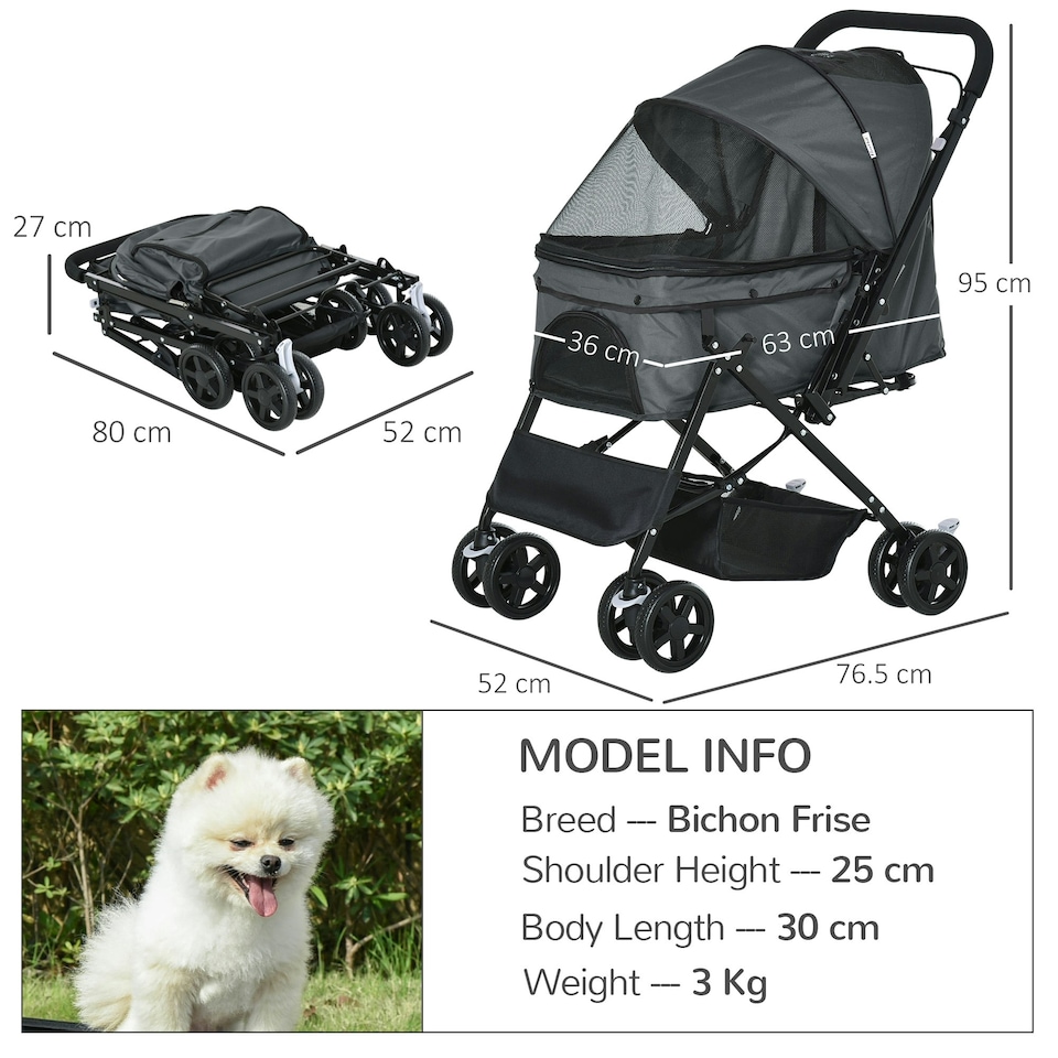 image 1 of PawHut Pet Stroller Dog Foldable Travel Carriage with Reversible Handle, Grey