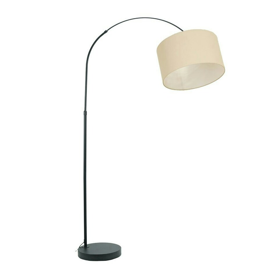 image 1 of ValueLights Louis Black Arched Curved Floor Lamp with Natural Fabric Drum Lamp Shade and LED Bulb