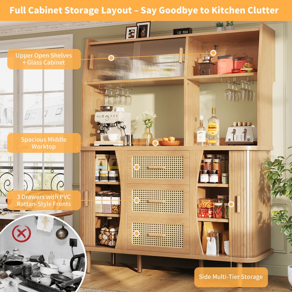 image 1 of VILUXE Tall Kitchen Storage Cabinet with Rattan-Effect Drawers and Glass Sliding Doors, 140 cm, Natural Wood
