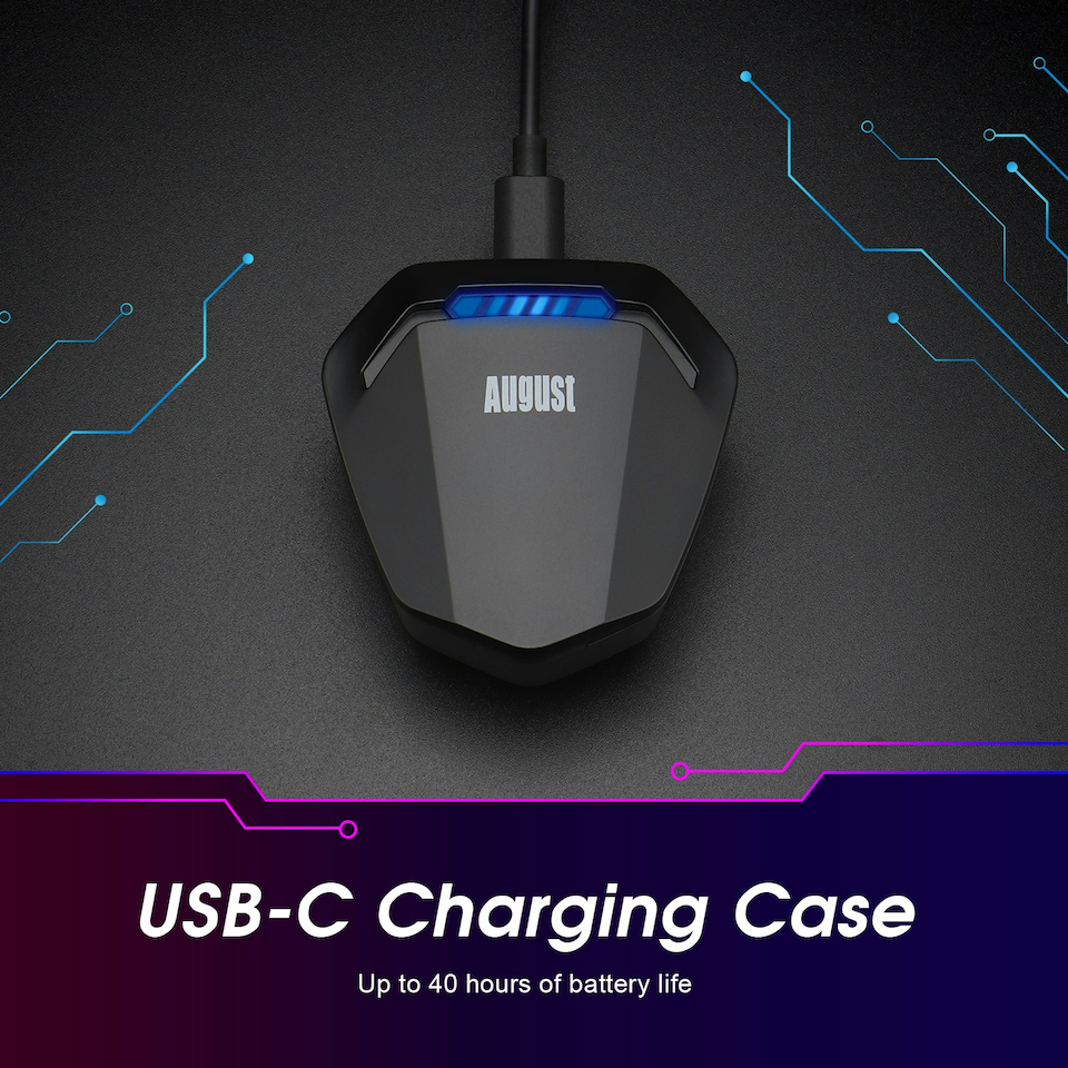image 1 of Bluetooth Gaming Earphones Dual Microphone with USB-C Charging Case - August EPG500 Black