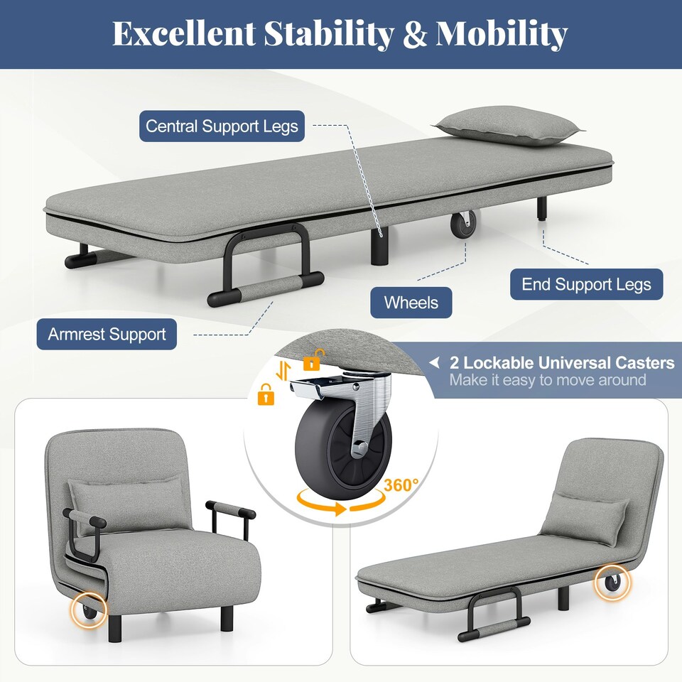 image 1 of COSTWAY 3-in-1 Convertible Sofa Bed Sleeper Chair Grey Grey