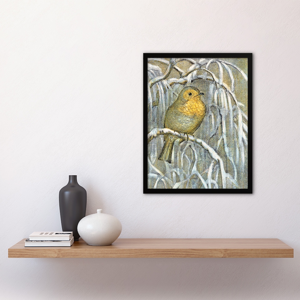 image 1 of Robin on Snowy Tree Branch Vintage Framed Wall Art Print van Hoytema 12x16"