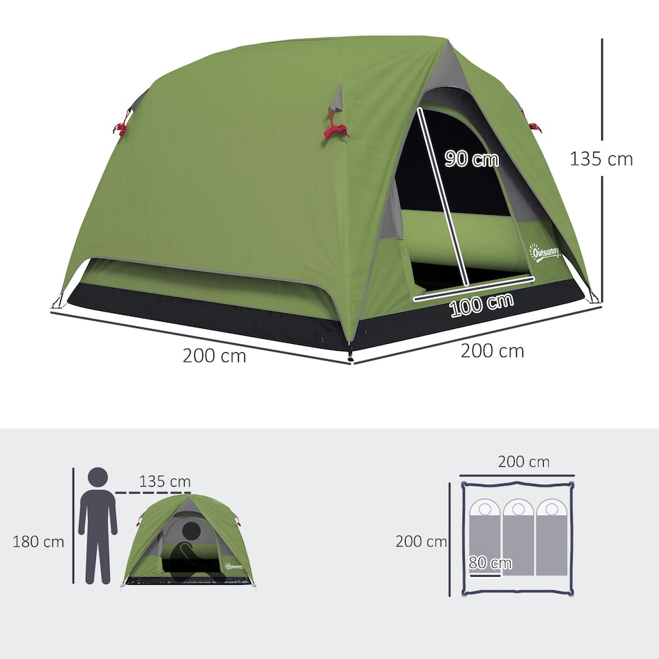 image 1 of Outsunny 3-4 Person Camping Tent, Waterproof Tent Green | Olive Green, Grey