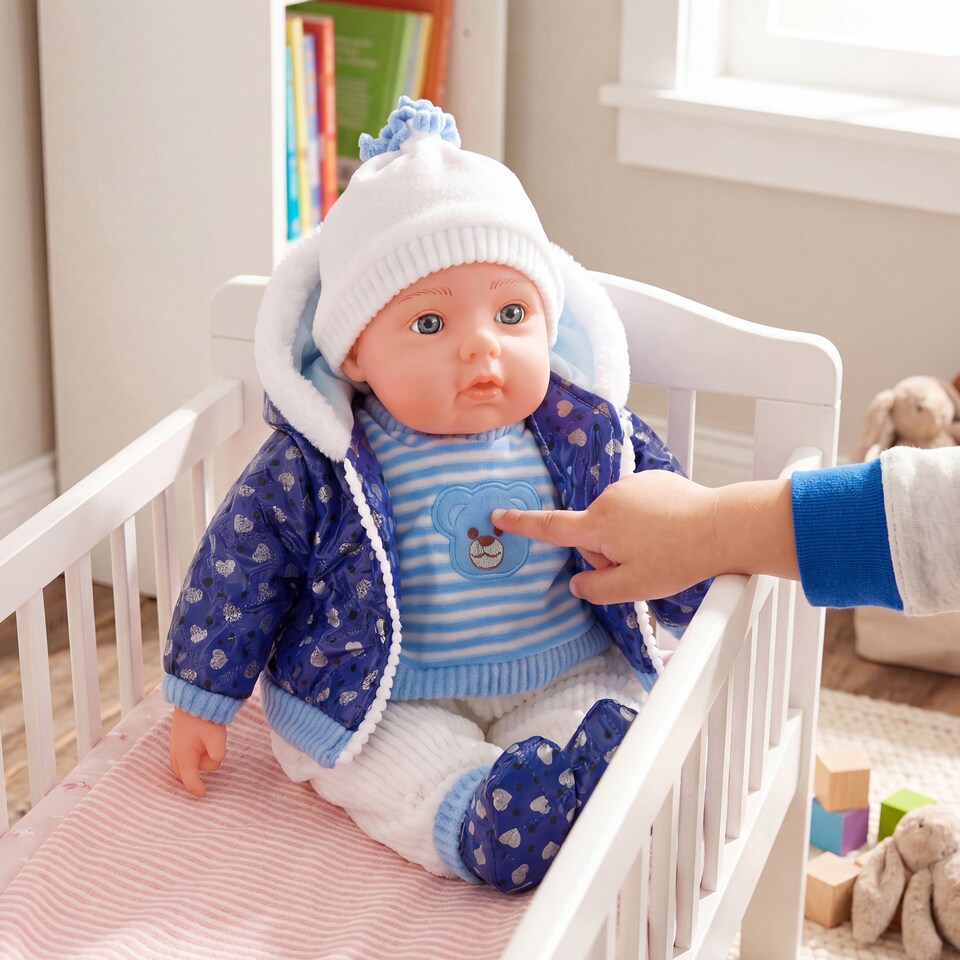 image 1 of BiBi Doll 20" Navy Baby Doll Boy with Blue Coat Outfit, Sounds & Dummy Toy
