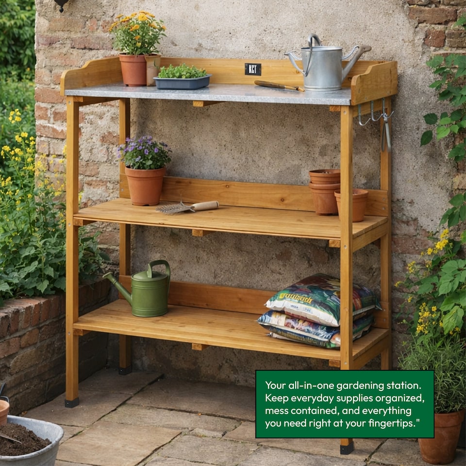 image 1 of KCT 3 Tier Potting Table Bench Outdoor Garden Wooden Station for Greenhouse Shed Workbench Gardening Planting Plant Station Stand | Brown