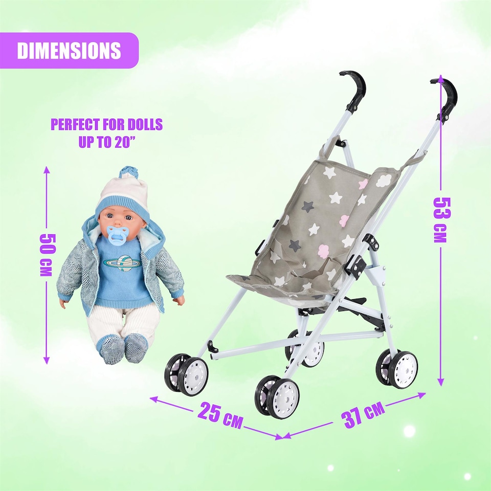 image 1 of BiBi Doll Stars Design Foldable Dolls Buggy Stroller & Toy Pushchair for 20" Dolls