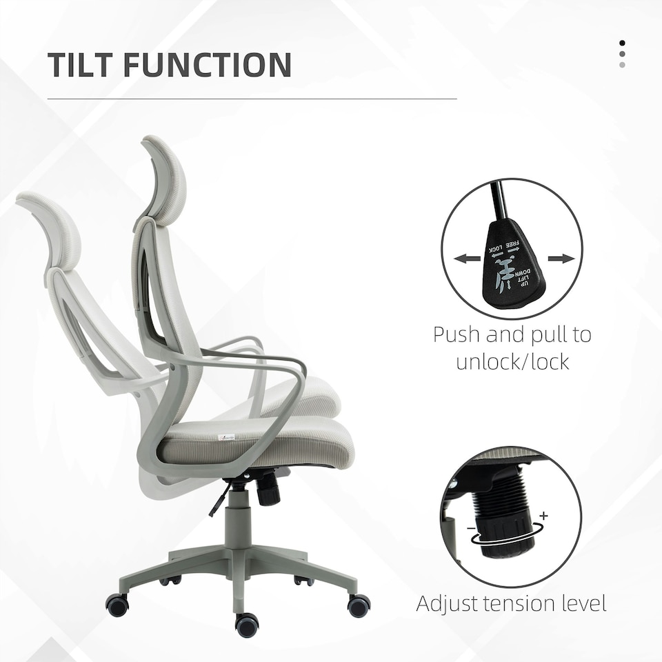 image 1 of Vinsetto Mesh Back Office Chair w/ Adjustable Height Padded Headrest Grey