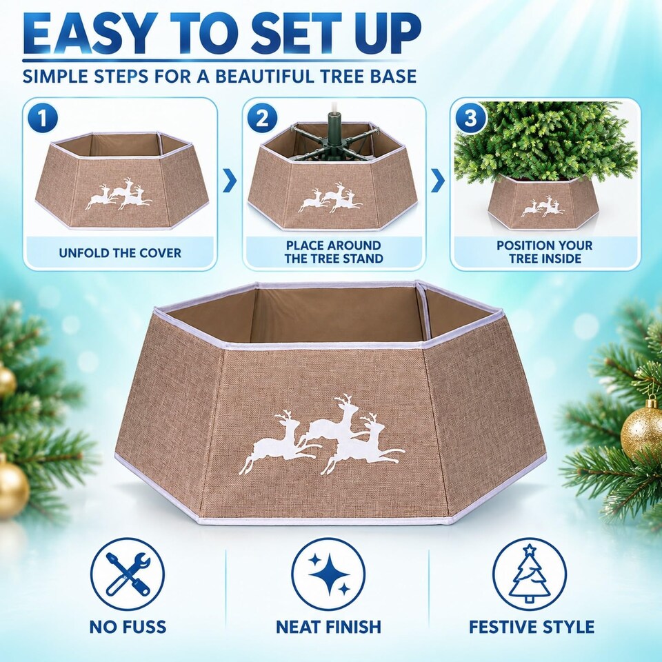 image 1 of 26.8 Inch Hexagonal Fabric Christmas Tree Collar in Beige for a Neat Festive Finish