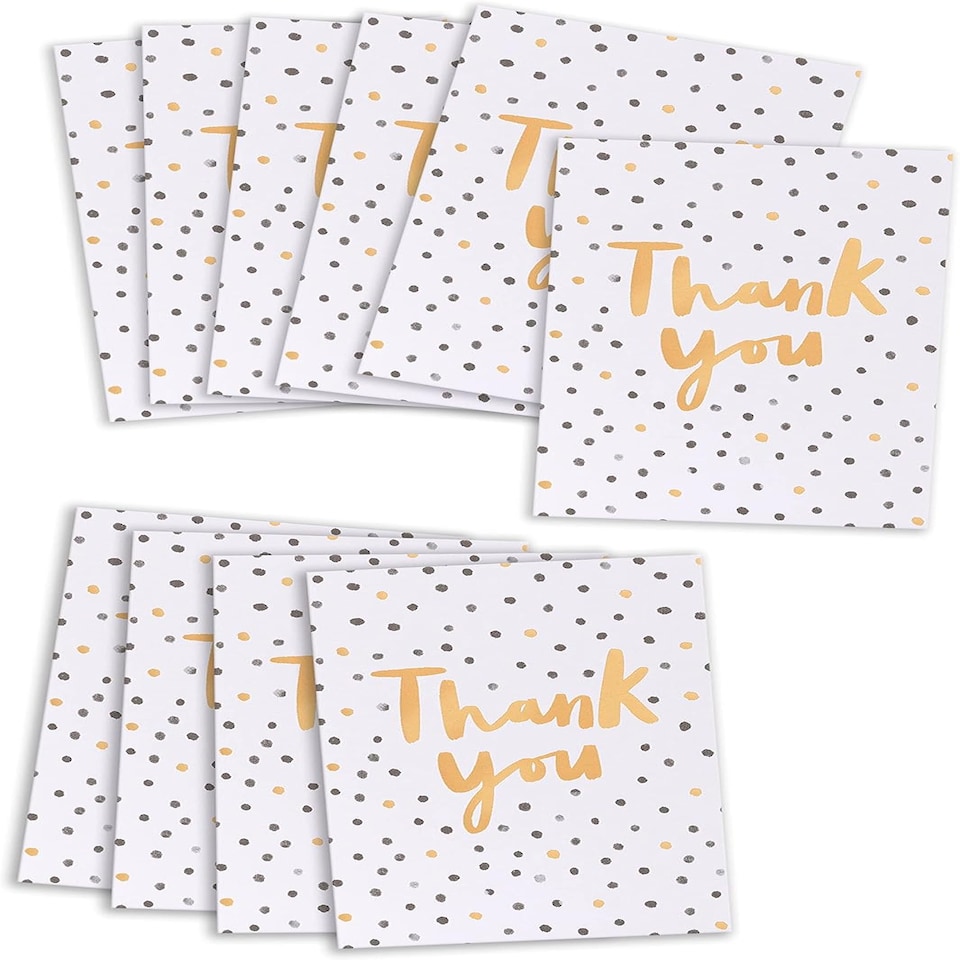 image 1 of Multipack of 10 Thank You Cards for Him/Her/Friend - Black & Gold Spotty Design, 130mm x 100mm