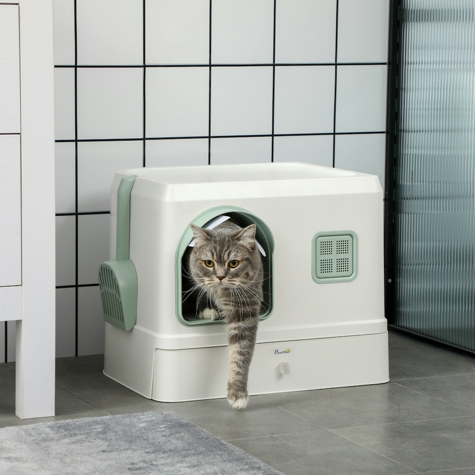 image 1 of PawHut Cat Litter Box, Hooded Cat Litter Tray w/ Drawer Pan, Scoop, Deodorants