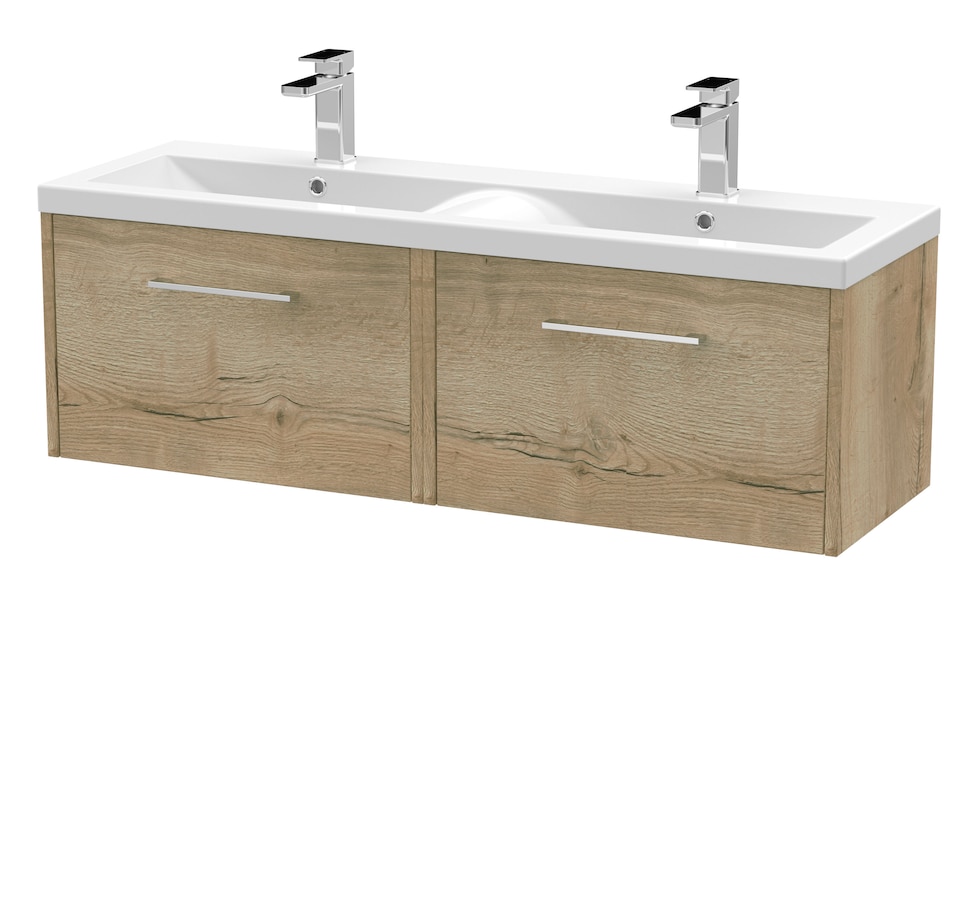 image 1 of Balterley Winshill Contemporary 2 Drawer Wall Hung Vanity Unit with Double Basin, Light Oak, 1200mm