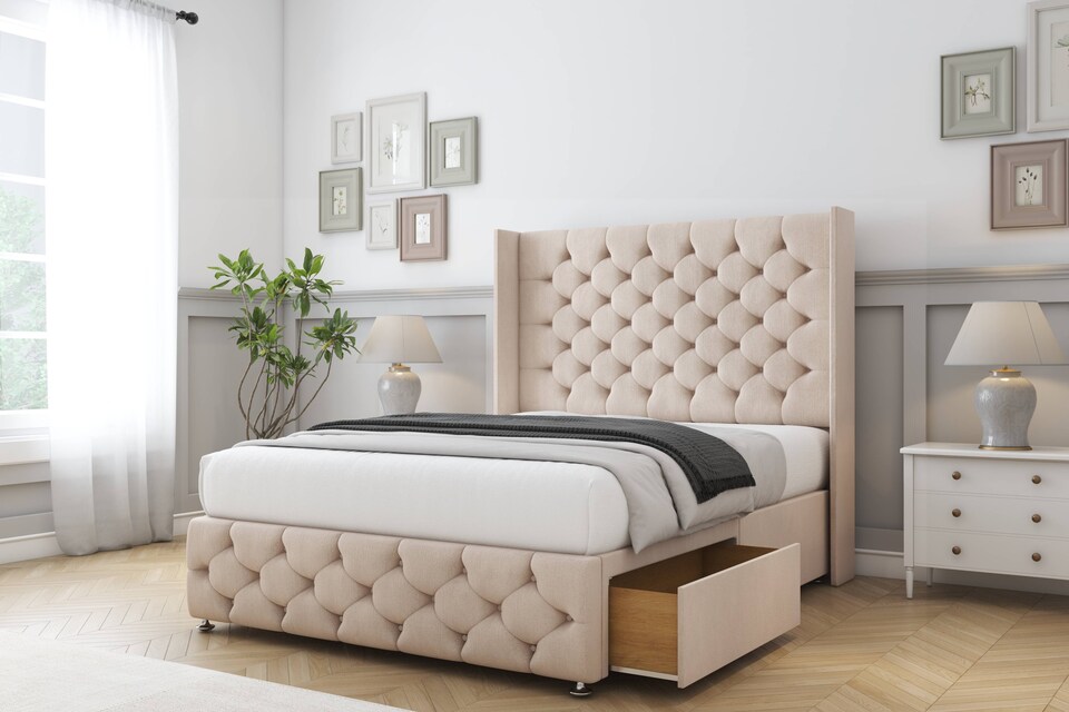 image 1 of Sloomy Luthor Sand Naples Divan Bed With Mattress No Drawers With 54" Wingback Headboard & 12" Matching Footboard 6' Super King | Cream | Sand | Super King | 1
