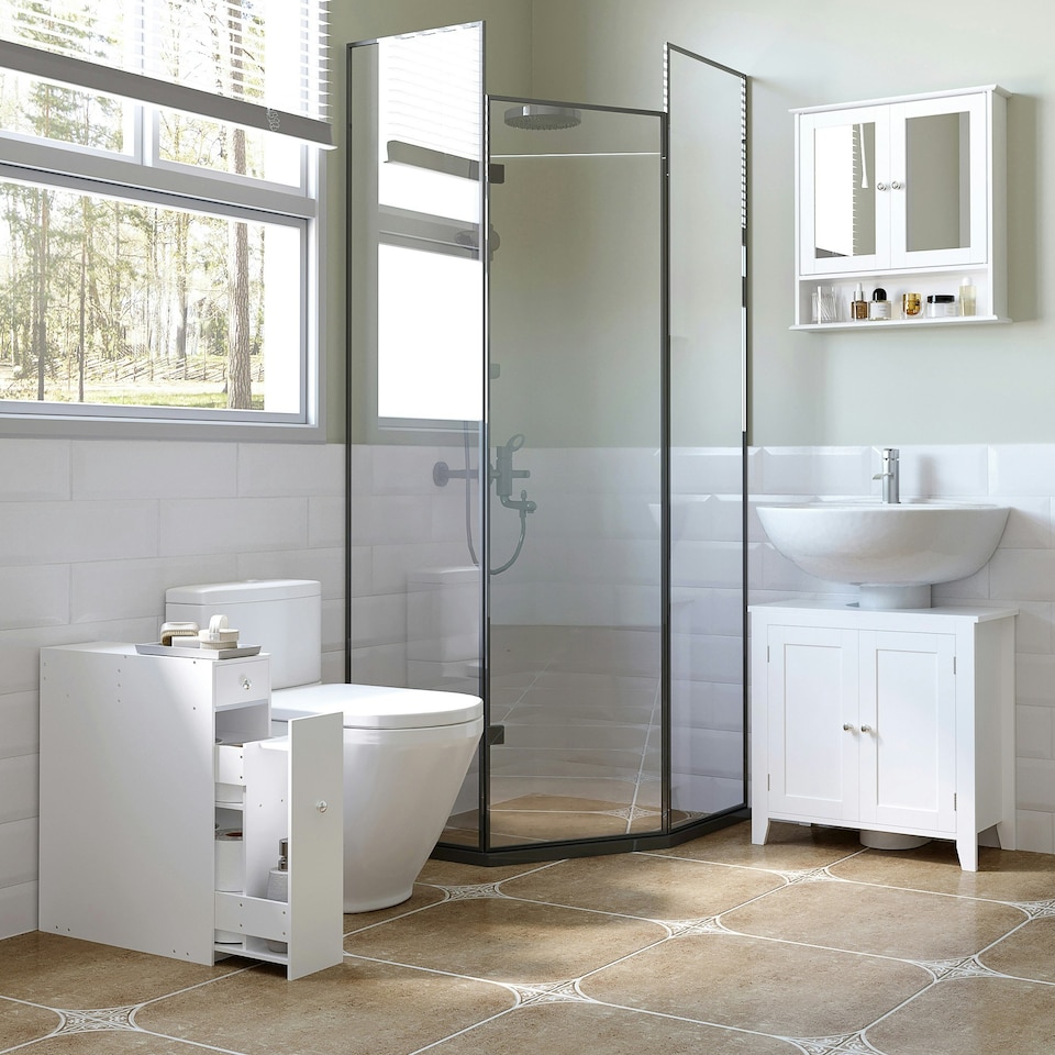 image 1 of HOMCOM Slim Floor Cabinet Narrow Wooden Storage with Drawers Bathroom White